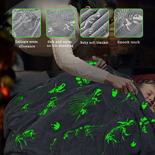 Glow in The Dark Dinosaur Blanket - Queen Size 90" x 90" Fluorescent Dinosaur