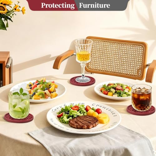 8 Pack Silicone Coasters Set with Holder - Wine Red, Non-Slip, Heat & Water-Resistant