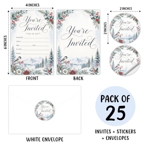 25Pcs Christmas Party Invitations with Envelopes and Stickers – Winter Holiday Set