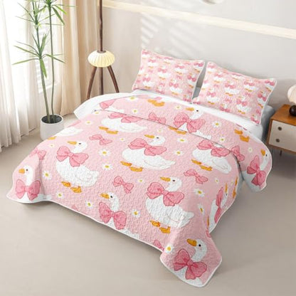 Pink White Yellow Goose Cartoon Quilt Set King Size Kids Bedspread with Pillowcases