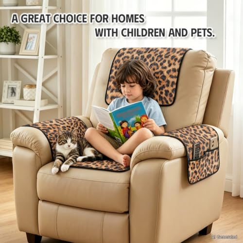 Brown Leopard Print Recliner Cover Set - Quilted 4-Piece Slipcover with Pockets