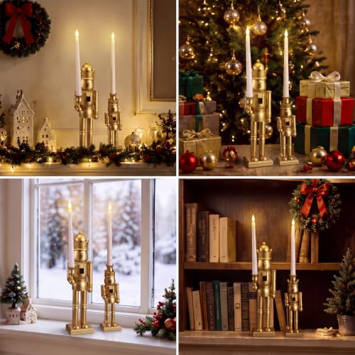 Christmas Nutcracker Candle Holders Set with LED Flameless Candles, Gold Finish
