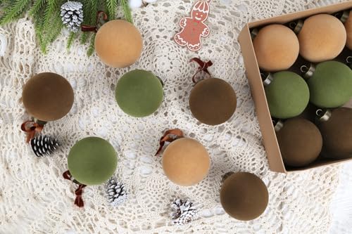 Velvet Christmas Balls Set - 15pcs 3.15 Inch Flocked Ornaments with 10 Bows - Brown, Green, Khaki