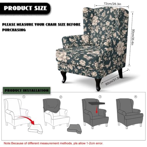 Dark Teal Floral Butterfly Wingback Chair Slipcover with Cushion, 2-Piece Stretch Armchair Cover for Room