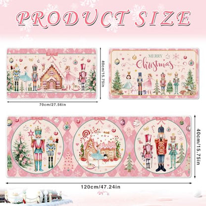Christmas Nutcracker Kitchen Door Mats Set - Pink, Non-Slip, Washable, 16x28 & 16x47 Inches
