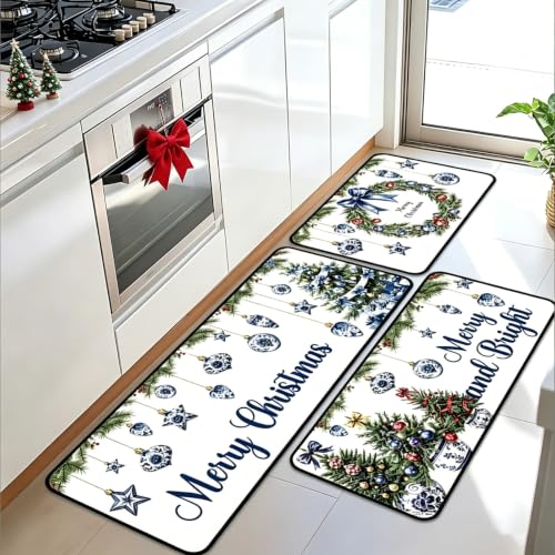 Christmas Kitchen Rugs Set - Blue White Chinoiserie Holiday Mats, 3-Piece