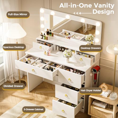 COMHOMA 32in Vanity Desk with Mirror & Lights - White & Gold with Divided Drawers, Open Shelf, 32in Cloud Gold Variation