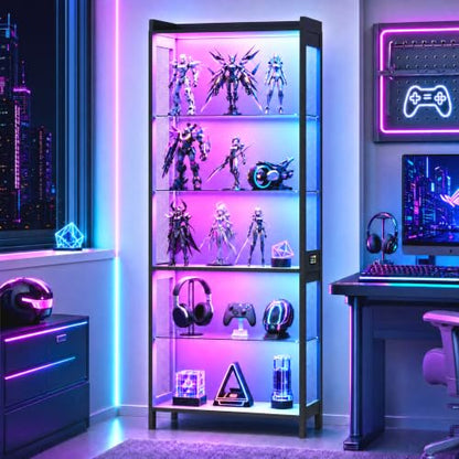 67-Inch Black Display Case with Glass Shelves, RGB Lighting & Motion Sensor