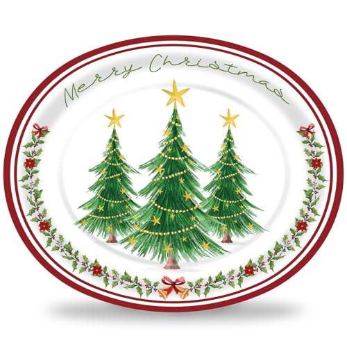 Christmas Tree Oval Paper Plates 10x12 Inches - Holiday Disposable Dinnerware, Merry Christmas Tableware for Xmas Party Supplies