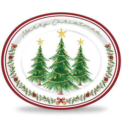 Christmas Tree Oval Paper Plates 10x12 Inches - Holiday Disposable Dinnerware, Merry Christmas Tableware for Xmas Party Supplies