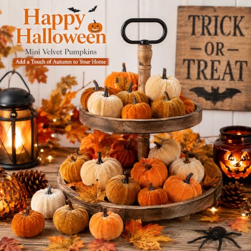 Mini Velvet Artificial Pumpkins Set for Fall Decor - 12 Pcs, 2 Sizes, Harvest Halloween Thanksgiving