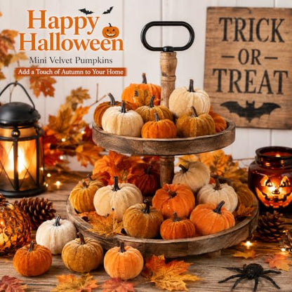 Mini Velvet Artificial Pumpkins Set for Fall Decor - 12 Pcs, 2 Sizes, Harvest Halloween Thanksgiving