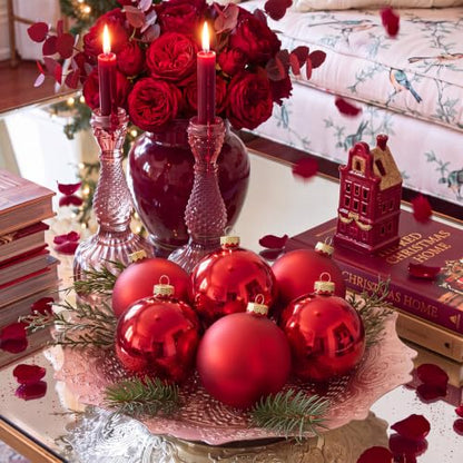 Large Red Glass Christmas Ornaments Set - 6 Pack, 4 Inch Holiday Decorations with Matte & Shiny Finishes