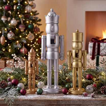 Christmas Nutcracker Ornaments Set - Gold Silver Wooden Decor, Champagne Variation