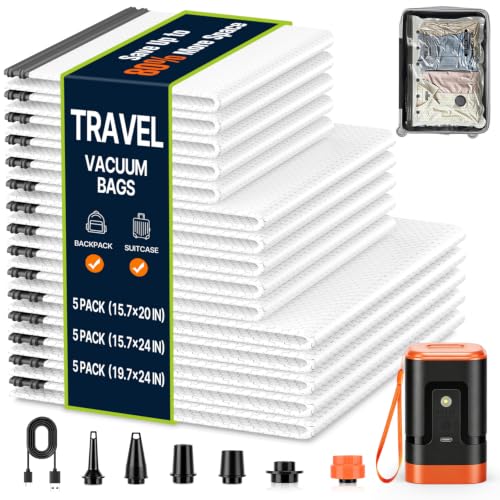 Travel Vacuum Bags with Rechargeable Pump - Orange, 15 Pack