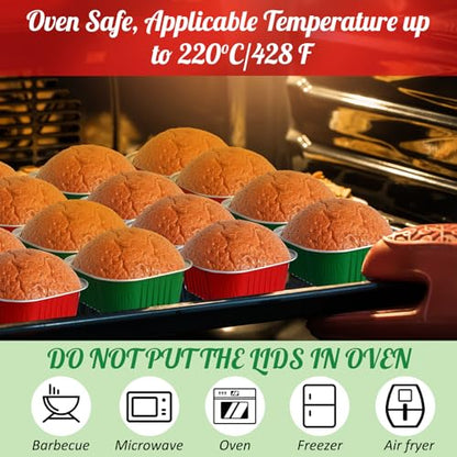 150 Pcs 10 oz Christmas Red & Green Mini Cake Pans with Lids Set