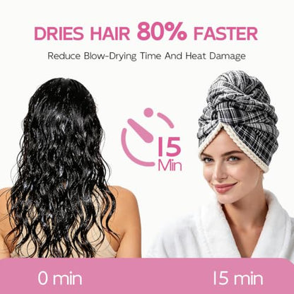 Years Calm XL Microfiber Hair Towel Wrap - Gray Stripes, Quick-Drying & Absorbent