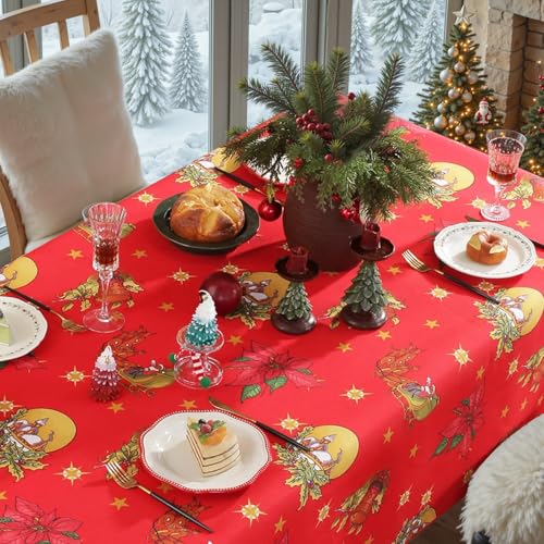 Honellaty Christmas Sled Rectangular Tablecloth 60x120 Inch Red with Poinsettia & Bells