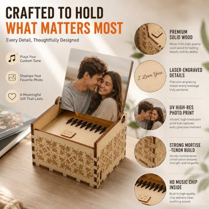 Personalized Wooden Music Box with Photo & Text - Design 01 - Romantic Gift