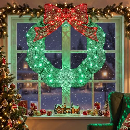 24 Inch Pre-lit Christmas Wreath Outdoor Metal with Red & Green LED Lights - Baquler