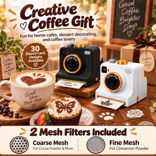 Manual Latte Art Camera with 4 Stencils & Mesh Filters - Black