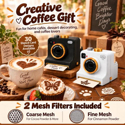 Manual Latte Art Camera with 4 Stencils & Mesh Filters - Black
