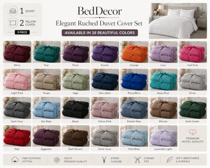Queen Size Egyptian Cotton Duvet Cover Set with Zipper & Corner Ties - Wine - 3 Piece Ruched Bedding
