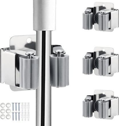 JAMEND Heavy-Duty Broom and Mop Holder - Wall-Mounted Organizer Rack for Garden Tools | Stainless Steel, Silver