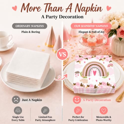 Boho Rainbow Paper Napkins Pink Floral Party Supplies 60 Count