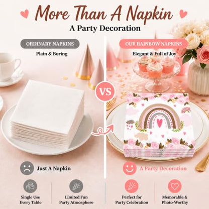 Boho Rainbow Paper Napkins Pink Floral Party Supplies 60 Count