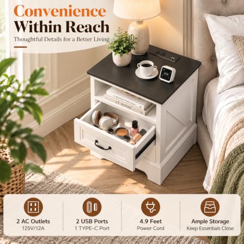 18" Farmhouse Nightstand with Charging Station - White, 2 Drawers | Variation: White / 1