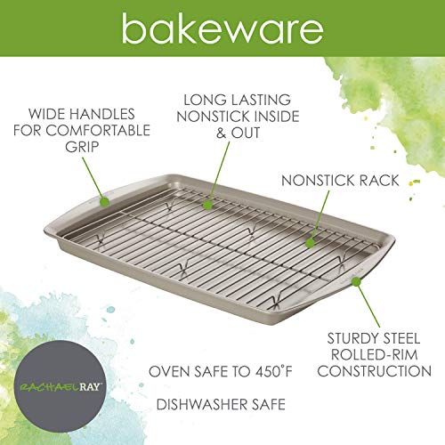 Rachael Ray Nonstick Bakeware Set without Grips, Nonstick Cookie Sheets / Baking Sheets and Cooling Rack - 2 Piece, Silver