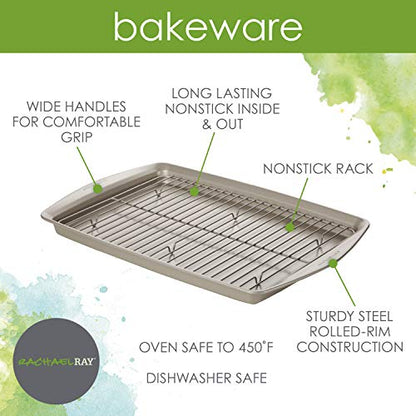 Rachael Ray Nonstick Bakeware Set without Grips, Nonstick Cookie Sheets / Baking Sheets and Cooling Rack - 2 Piece, Silver