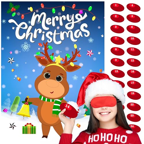 Christmas Pin The Nose On Reindeer Kids Party Game with 24 Reindeer Nose Stickers