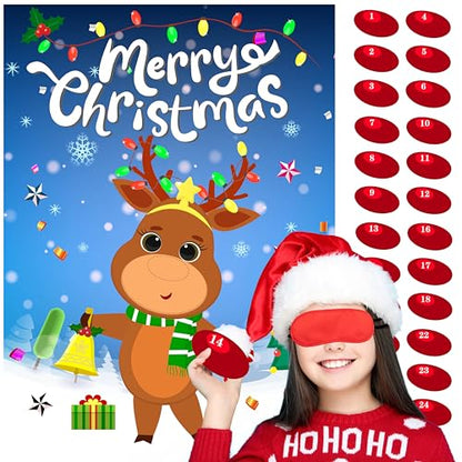Christmas Pin The Nose On Reindeer Kids Party Game with 24 Reindeer Nose Stickers