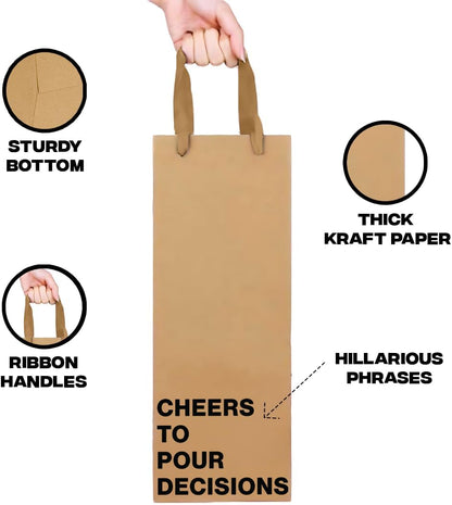 MilkToast Brands Set of 5 Funny Wine Gift Bags for Liquor & Wine Bottles - Reusable Wine Bags for Mother's Day, Birthdays, & Holidays - Sturdy Kraft Alcohol Gift Bag with Handles - 4.7″ x 3.5″ x 14″ Size