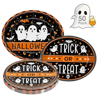 Halloween Ghost Paper Plates & Bowls Set - Disposable Tableware for Party, 50 Pieces