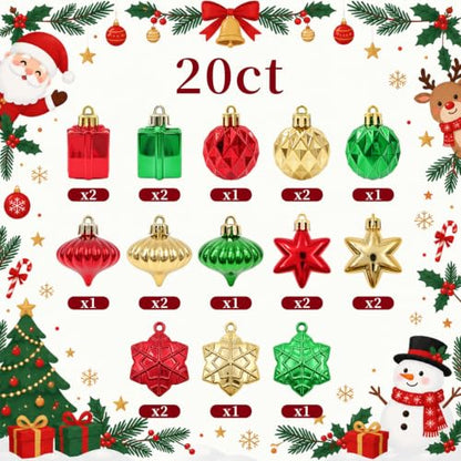 Emberlane Christmas Tree Ornaments Set - Red, Green, Gold Mixed Shapes, 1.57"