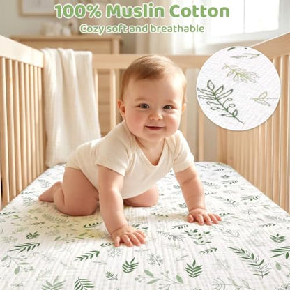 2-Pack Baby Muslin Crib Sheets - Green Leaf, 52 x 28 Inches, Elastic Fit