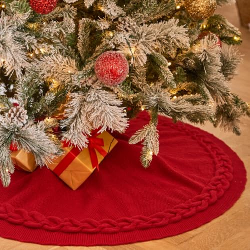 60 Inch Red Knitted Christmas Tree Skirt with Bowknot - Holiday Decor