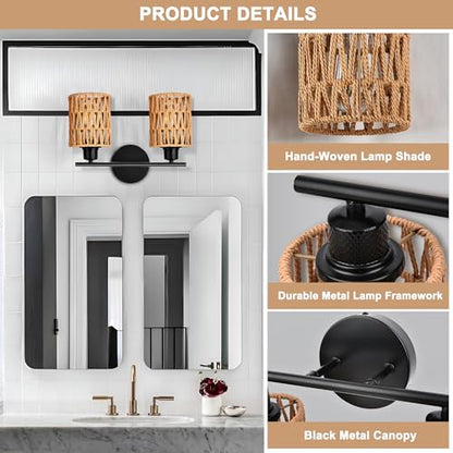 Merbotin 2 Light Rattan Vanity Light Boho Vanity Lighting Fixture Woven Bathroom Vanity Wall Light Coastal Tropical Bathroom Light, Rustic Natural Style Wall Mount Light for Bedroom Kitchen