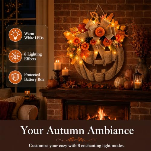 Lighted Burlap Pumpkin Wreath for Front Door - 14 Inch Halloween Fall Decor with Warm LED Lights - Rustic Autumn Wreath with Leaves, Pinecones, and Flowers - Variation of THIS listing