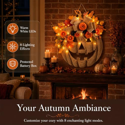 Lighted Burlap Pumpkin Wreath for Front Door - 14 Inch Halloween Fall Decor with Warm LED Lights - Rustic Autumn Wreath with Leaves, Pinecones, and Flowers - Variation of THIS listing