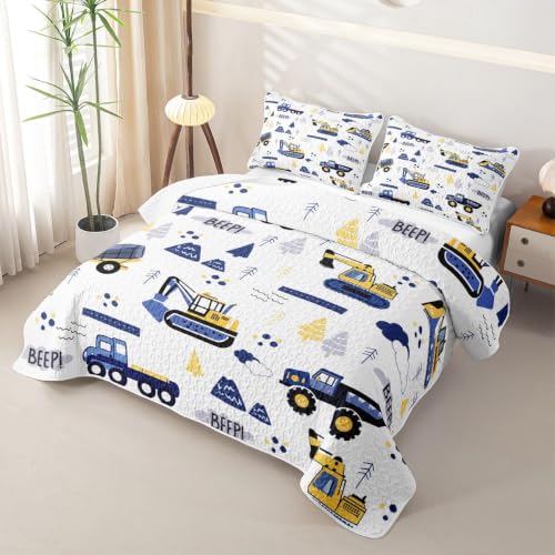 Navy Blue Full Excavator Construction Quilt Set with 2 Pillowcases - All Season Microfiber Bedding