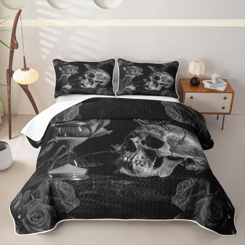 Halloween Gothic Bedspread Set Queen Black Skull Rose Coverlet with Pillowcases