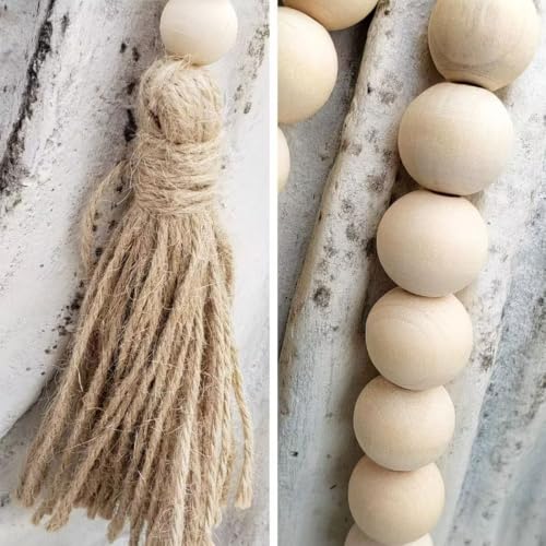 Wood Bead Garland for Farmhouse & Rustic Home Decor - 39 Inch Natural Beads with Linen Tassels