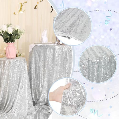 Silver Sequin Round Tablecloth 70 Inch - Elegant Party Decor