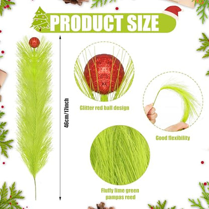 12 Pack Lime Green Christmas Tree Picks with Red Glitter Balls - Holiday Tree Decorations
