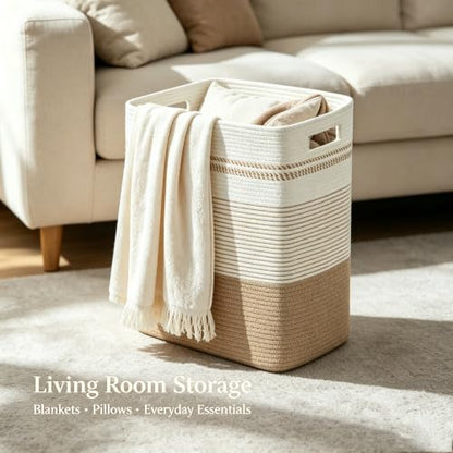 Yellow Variegated 60L Rectangular Cotton Rope Laundry Hamper Foldable Storage Basket