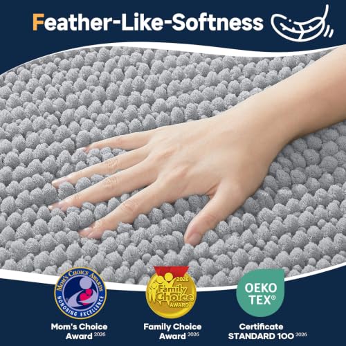 Grey Bathroom Rug 30x20 Chenille Non Slip Absorbent Quick Dry Bath Mat - Soft Floor Rug Set